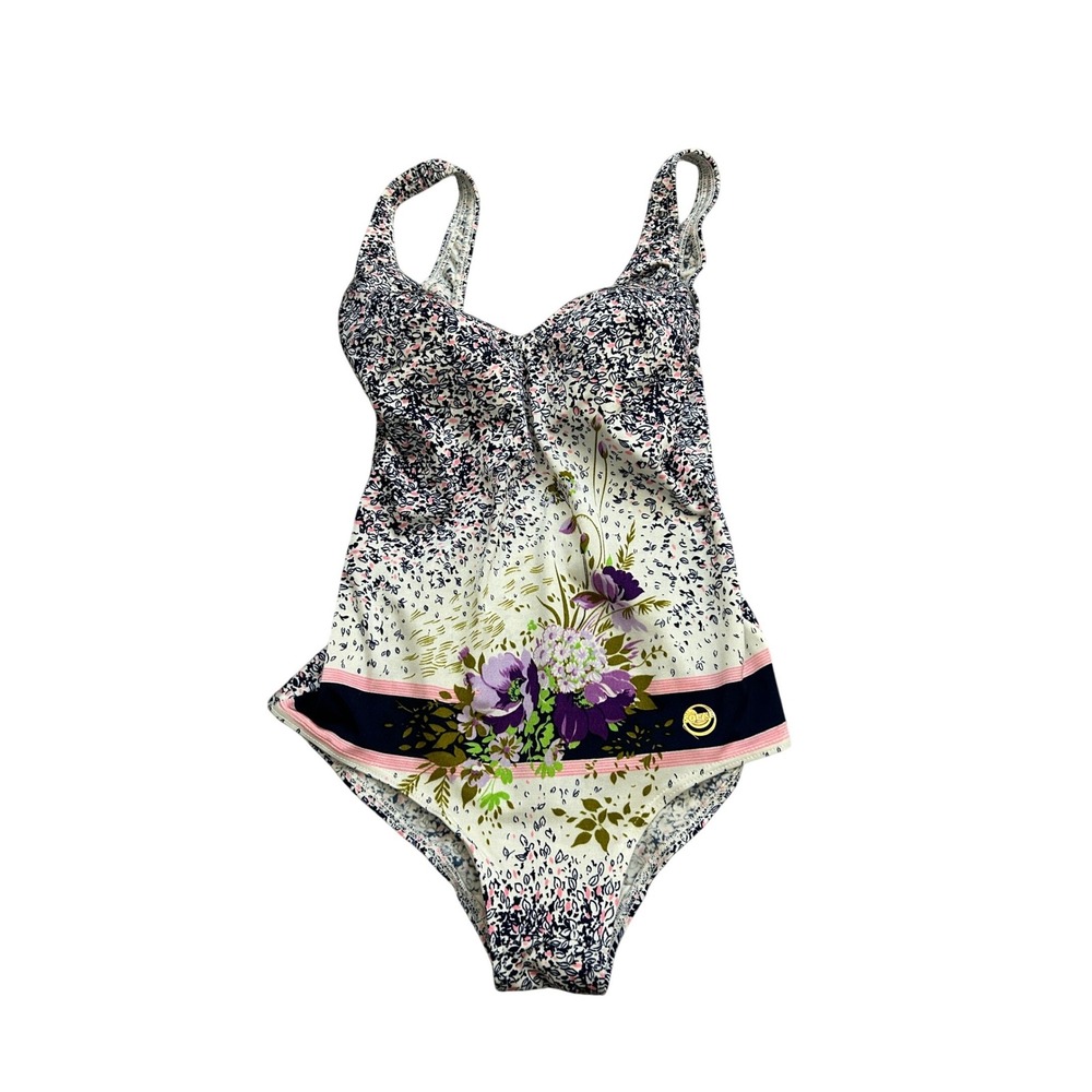 Solar Swimsuit Womens 14 White Purple Floral One Piece Vintage Western Germany